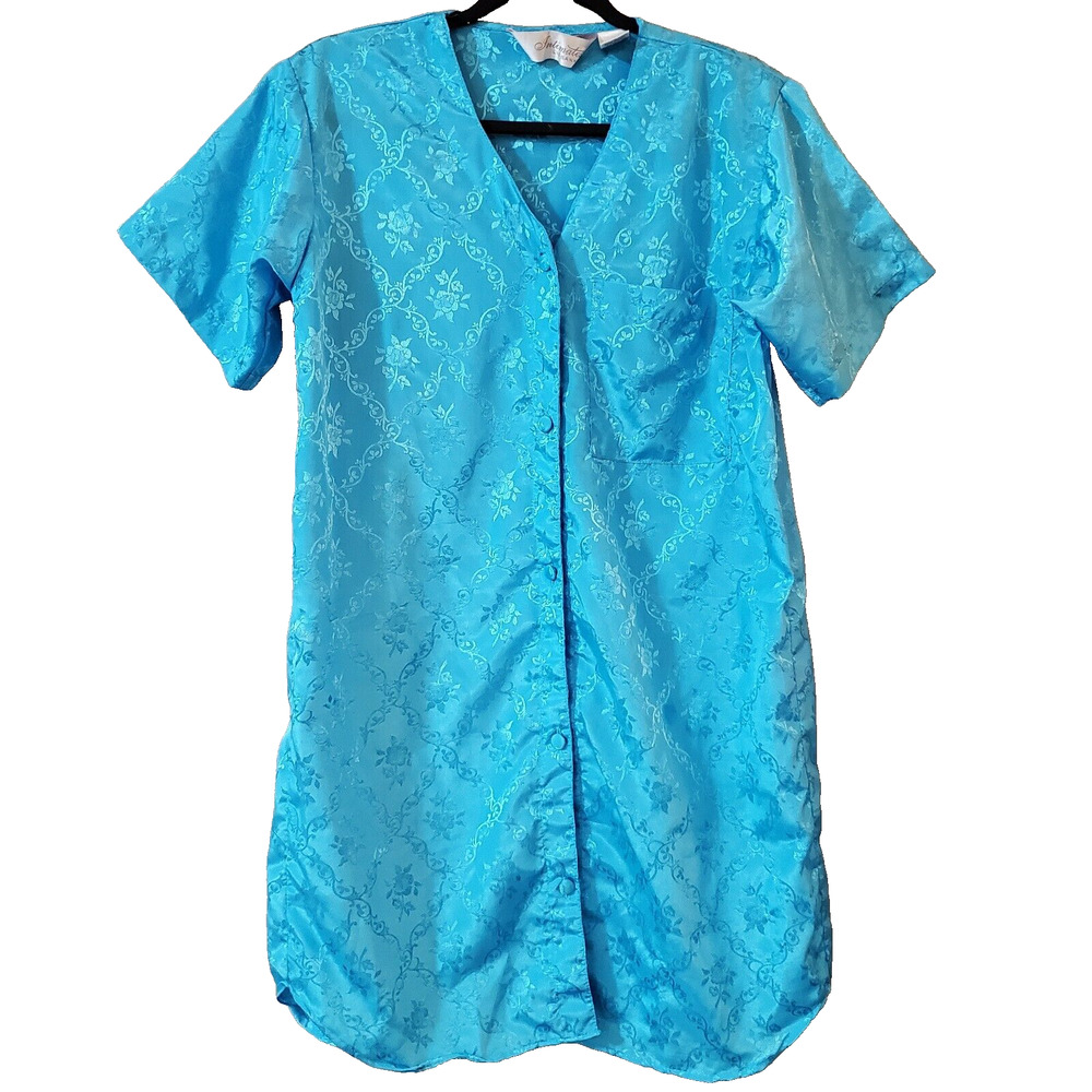 VTG Liz Banks Intimates Womens Sleepshirt Size S Blue Shiny Floral Button Front